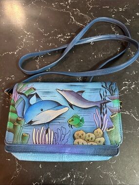 Anna by Anuschka hand-painted genuine leather crossbody bag Dolphin World